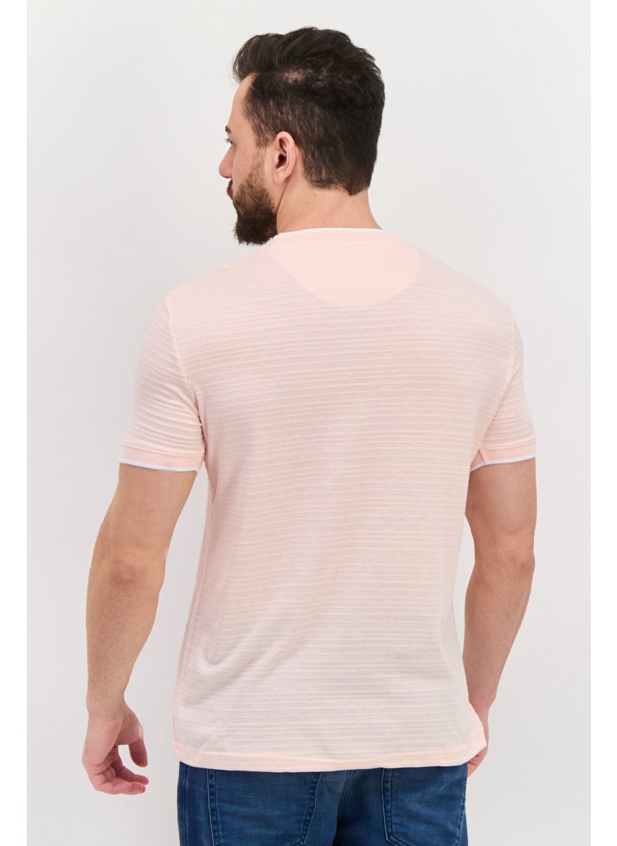 Modern Culture Men Round Neck Short Sleeve Stripe T-Shirt, Pink  - Image 3