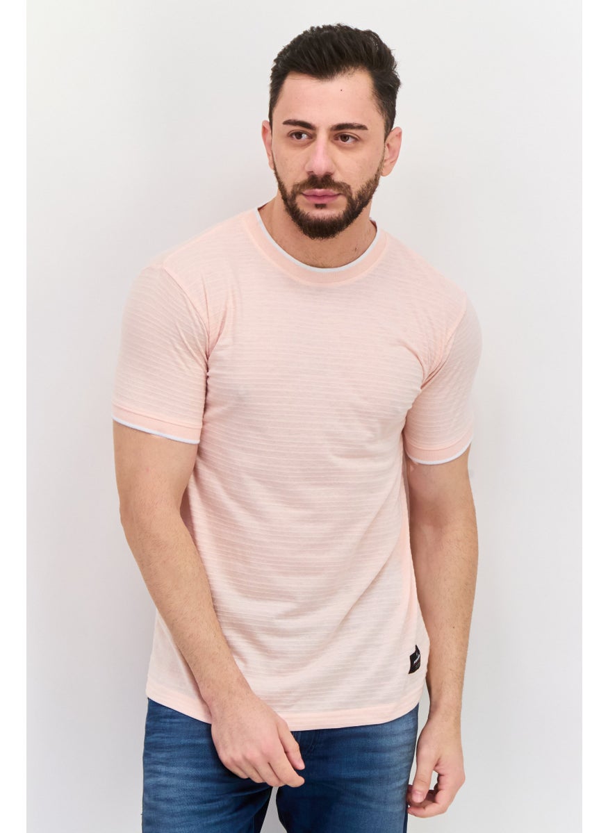 Modern Culture Men Round Neck Short Sleeve Stripe T-Shirt, Pink  - Image 1