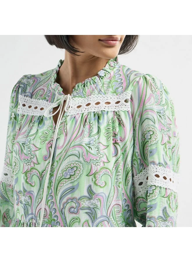 Splash FAV All-Over Print Tiered A-line Dress with Long Sleeves and Tie-Ups