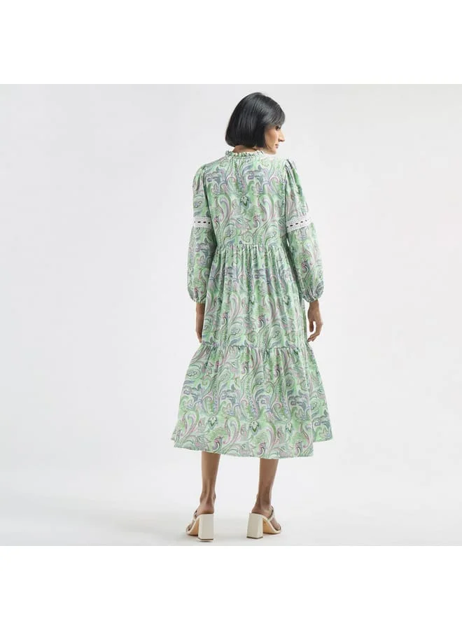 Splash FAV All-Over Print Tiered A-line Dress with Long Sleeves and Tie-Ups