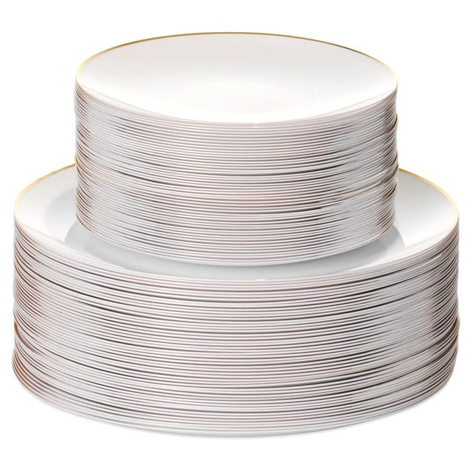 100PCS WHITE DINNERWARE COMBO 50 GOLD RIM APPETIZERDESSERT PLATES 75IN 50 DINNER PLATES 10IN HEAVY DUTY DISPOSABLE PLASTIC PLATES FOR WEDDING PARTIES CATERING