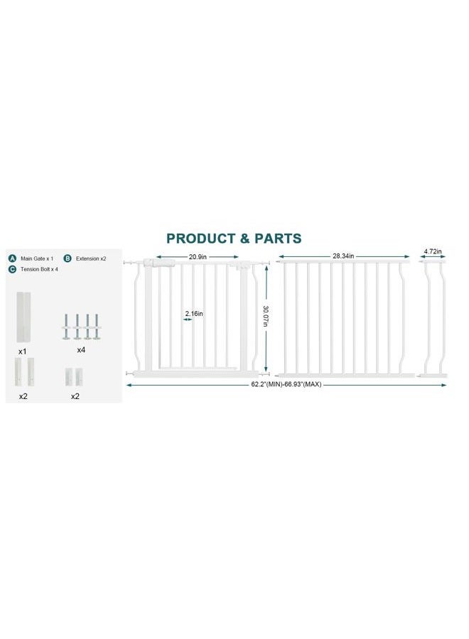 COSEND Extra Wide Baby Gate Tension Indoor Safety Gates White Metal Large Pressure Mounted Pet Gate Walk Through Long Safety Dog Gate for The House Doorways Stairs (62.2"-66.93"/158-170CM, White) - Image 2