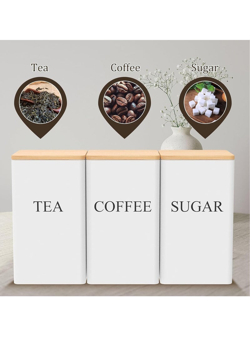 هيكوموني برطمانات شاي وسكر وقهوة مجموعات علب من 3 قطع لمنضدة المطبخ، علب مطبخ معدنية عتيقة، مجموعة علب شاي القهوة والسكر، علبة تخزين الطعام مع غطاء من الخيزران، ديكور مطبخ المزرعة، بيج علب الشاي والسكر علب شاي وقهوه علب قهوه علب سكر وشاي وقهوه - Image 3