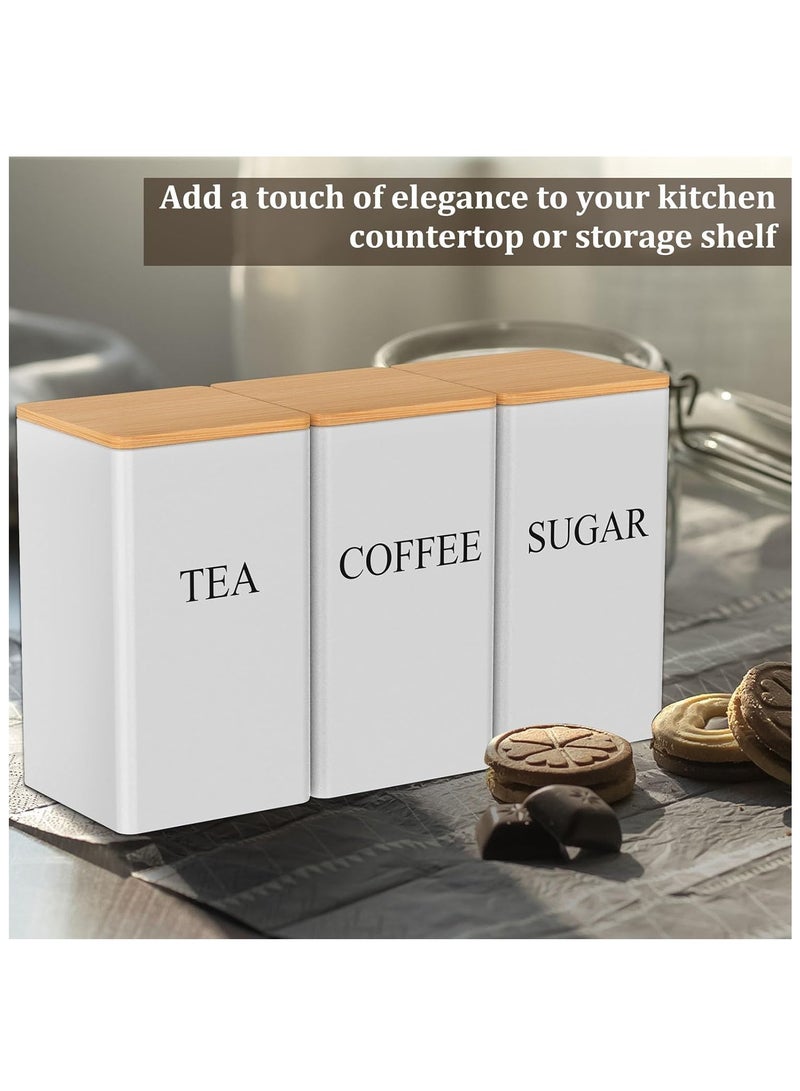 هيكوموني برطمانات شاي وسكر وقهوة مجموعات علب من 3 قطع لمنضدة المطبخ، علب مطبخ معدنية عتيقة، مجموعة علب شاي القهوة والسكر، علبة تخزين الطعام مع غطاء من الخيزران، ديكور مطبخ المزرعة، بيج علب الشاي والسكر علب شاي وقهوه علب قهوه علب سكر وشاي وقهوه - Image 4