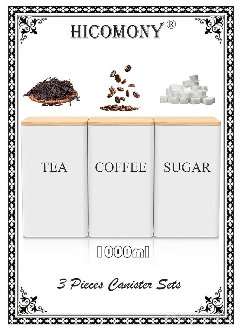 هيكوموني برطمانات شاي وسكر وقهوة مجموعات علب من 3 قطع لمنضدة المطبخ، علب مطبخ معدنية عتيقة، مجموعة علب شاي القهوة والسكر، علبة تخزين الطعام مع غطاء من الخيزران، ديكور مطبخ المزرعة، بيج علب الشاي والسكر علب شاي وقهوه علب قهوه علب سكر وشاي وقهوه - Image 1