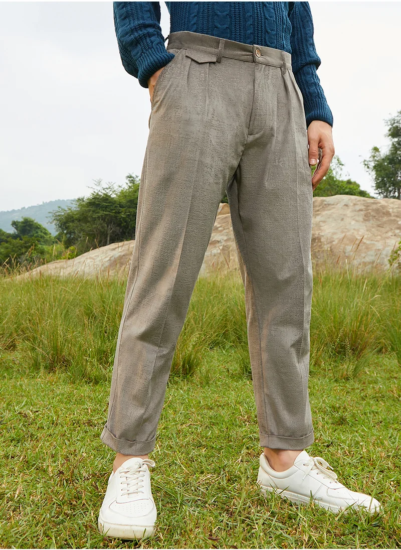 Campus Sutra Men's Antique Grey Velvet Pleated Trousers