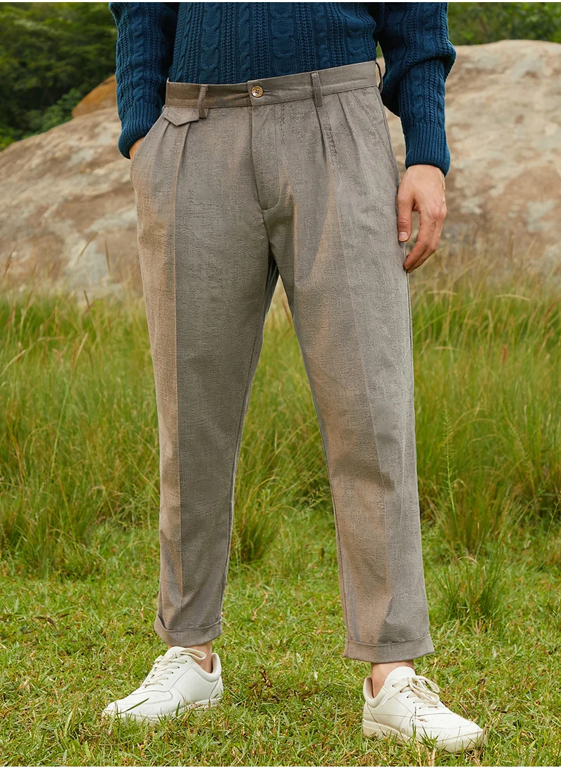 Campus Sutra Men's Antique Grey Velvet Pleated Trousers
