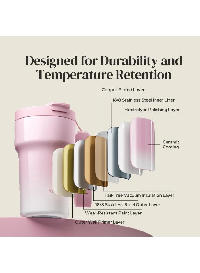 Redchef 500ml/17oz Ceramic Liner Coffee Cup with Straw Flask Hot And Cold Tumbler ( White-pink ) - Image 3