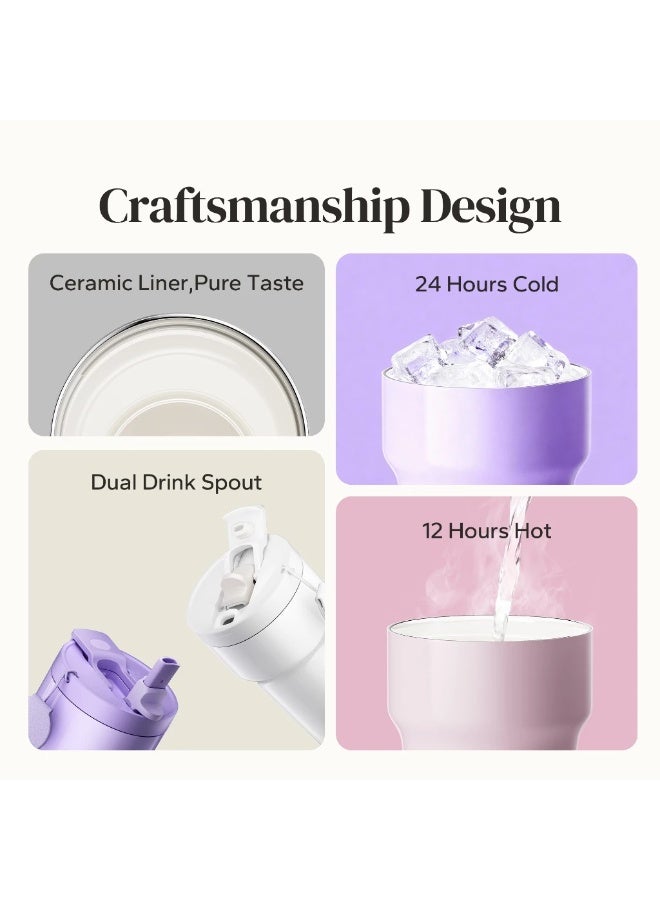 Redchef 500ml/17oz Ceramic Liner Coffee Cup with Straw Flask Hot And Cold Tumbler ( White-pink ) - Image 2