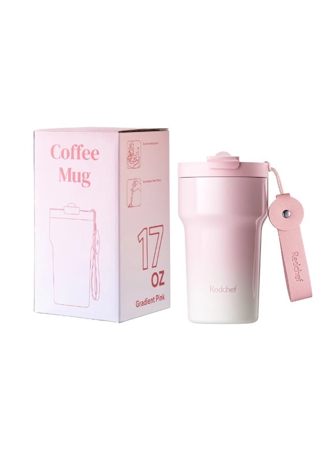 Redchef 500ml/17oz Ceramic Liner Coffee Cup with Straw Flask Hot And Cold Tumbler ( White-pink ) - Image 1
