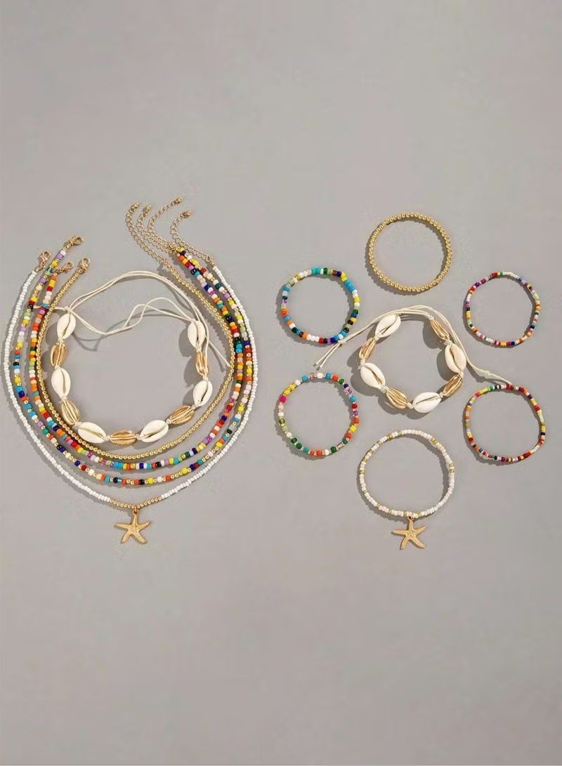 KHAJUL 12-Piece Bohemian Rice Grain Necklaces and Bracelets, Shells and Stars Set, Party Favors for Women - Image 2