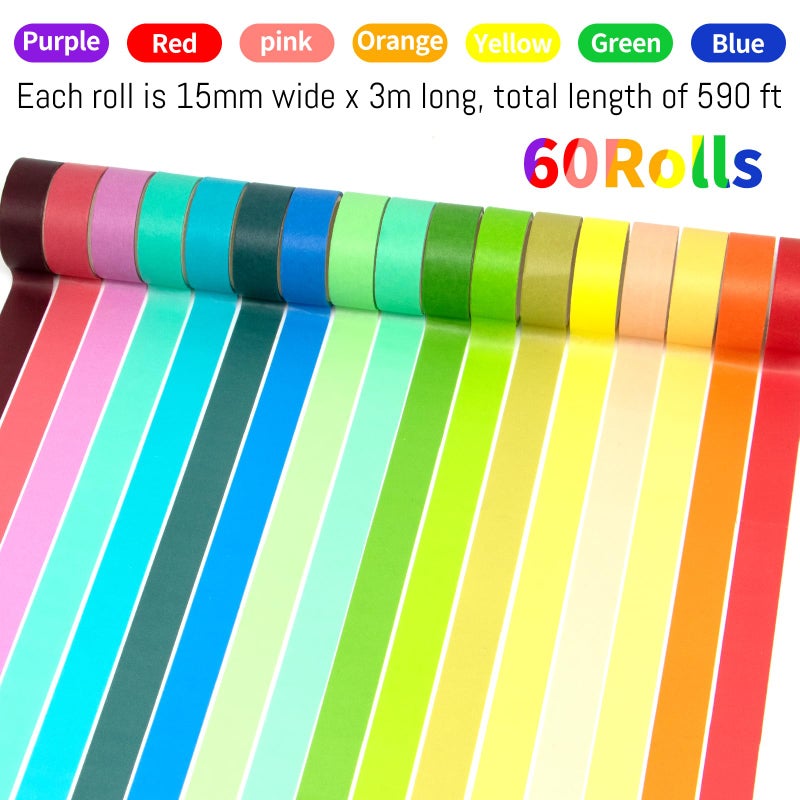 WAPETASHI 60 Rolls Washi Tape Set - 15mm Rainbow Colored Masking Tape, Decorative Tape for Bullet Journaling, Scrapbooking, DIY Arts & Crafts, Christmas Gift, Holiday Decoration - Image 4