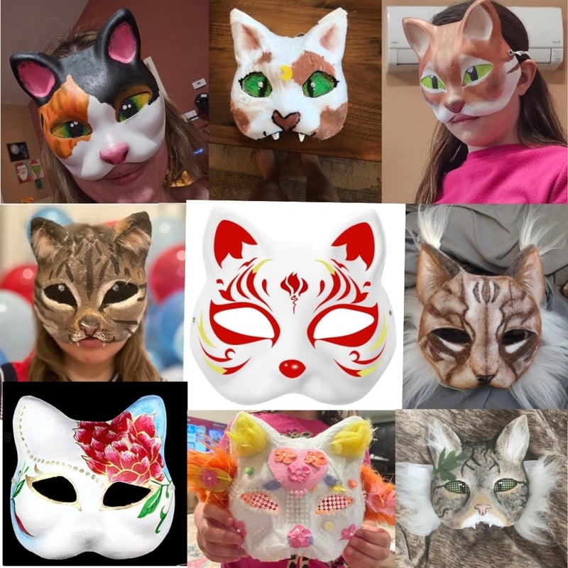 IbErsa 5 Pcs Cat Masks White Paper Blank Hand Painted Masks Halloween Masquerade Costume Cosplay Accessories - Image 1