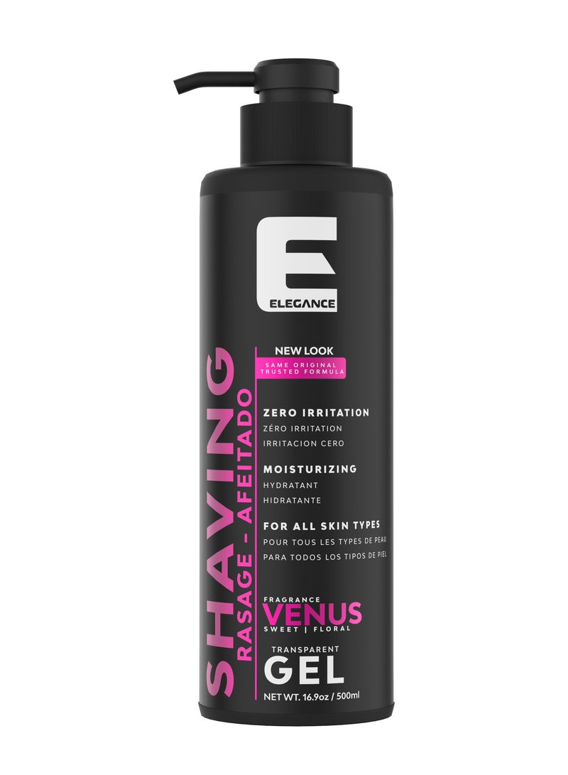 Elegance-E Series Shaving Gel - Venus 500ml: Moisturizing, Irritation-Free, Transparent Formula for Sensitive Skin