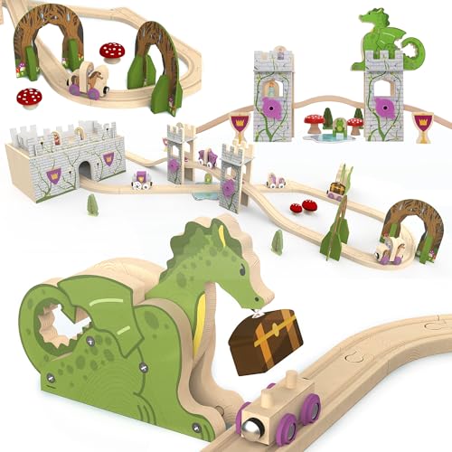 ORBRIUM 68 Pcs Fantasy Kingdom Adventure Wooden Train Set in Wooden Storage Box Unisex Children Toys Girls Boys 3 4 5 6 7 Years Compatible with Thomas, BRIO, Melissa and Doug, Imaginarium, IKEA - Image 1