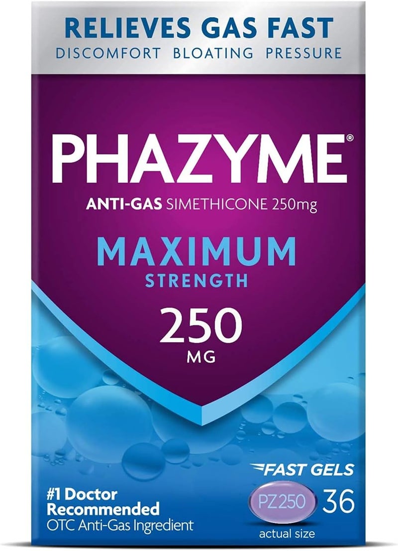 Phazyme Maximum Strength Gas & Bloating Relief, Works in Minutes, 36 Fast Gels (Pack of 2)