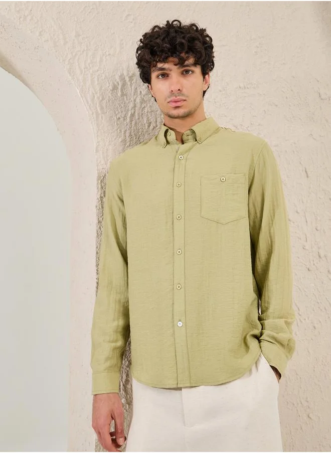 Styli Regular Fit Linen Blend Shirt with Contrast Stitch Detail