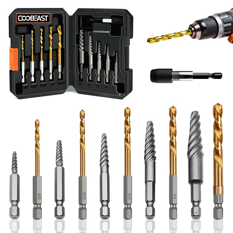 Coobeast 11Pcs Screw Extractor Set Left Hand Drill Bit and Bolt Extractor Kit Easy to Remove Stripped Broken Damaged Screw Bolt and Nut Out Reverse Drill Bit Extractor Set with Sturdy Case