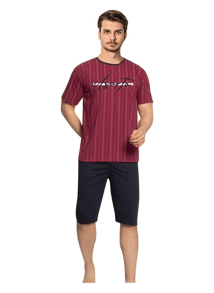 Turkish Cotton T-Shirt and Shorts Pyjama Set Homewear Loungewear Maroon/Navy