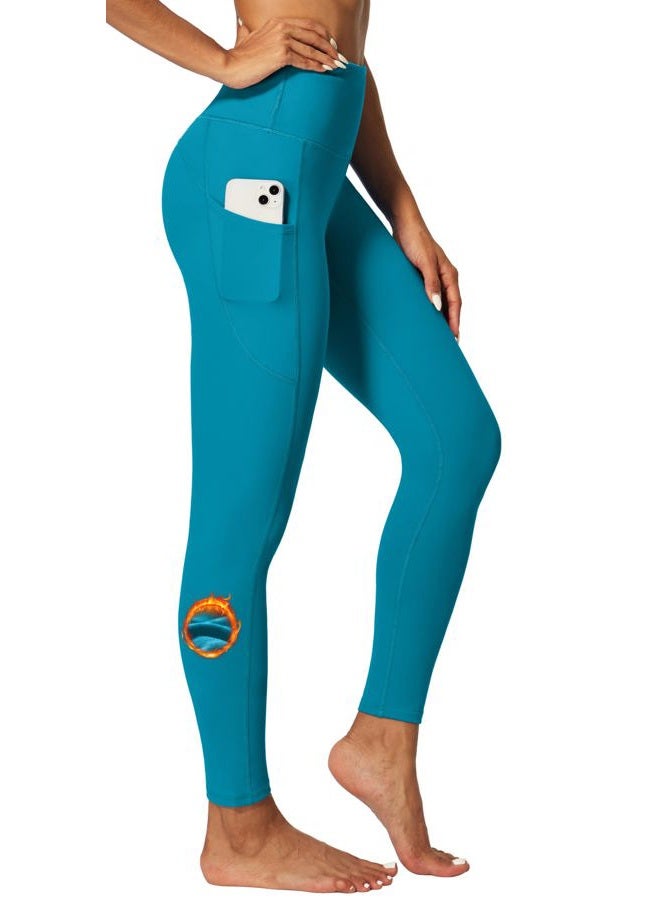 IUGA Fleece Lined Leggings with Pockets for Women Thermal Yoga Pants Winter Workout Leggings with Pockets for Women, Dark Cyan, M - Image 1