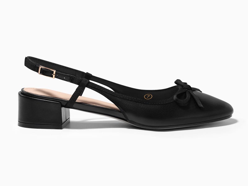 Coutgo Womens Chunky Low Heels Slingback Ballet Bow Pumps Closed Toe Wedding Dress Shoes, Black, Size 9 - Image 4