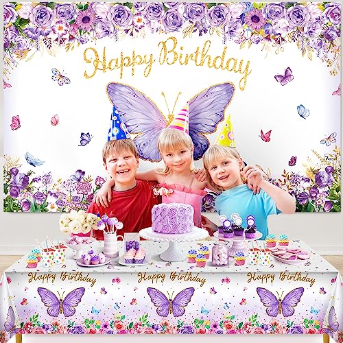 7CDXD Butterfly Party Decorations, Girls Birthday Themes Decorations with Balloon Arch Kit Butterfly Photography Backdrop Banner and Tablecloth for Girls Women Butterfly Birthday Decor - Image 5