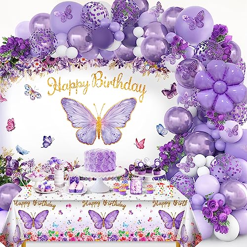 7CDXD Butterfly Party Decorations, Girls Birthday Themes Decorations with Balloon Arch Kit Butterfly Photography Backdrop Banner and Tablecloth for Girls Women Butterfly Birthday Decor - Image 1