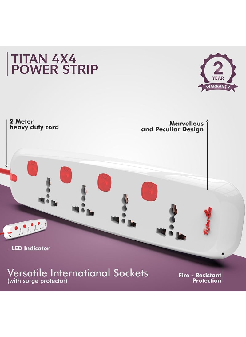 Fybros Titan 4X4 Extension CordPower Strip with International Sockets Extension BoardIndividual Switch10 AMP Output 2 Year Warranty 2 Meter Heavy Duty Cable Surge and Spike Guard Made In India