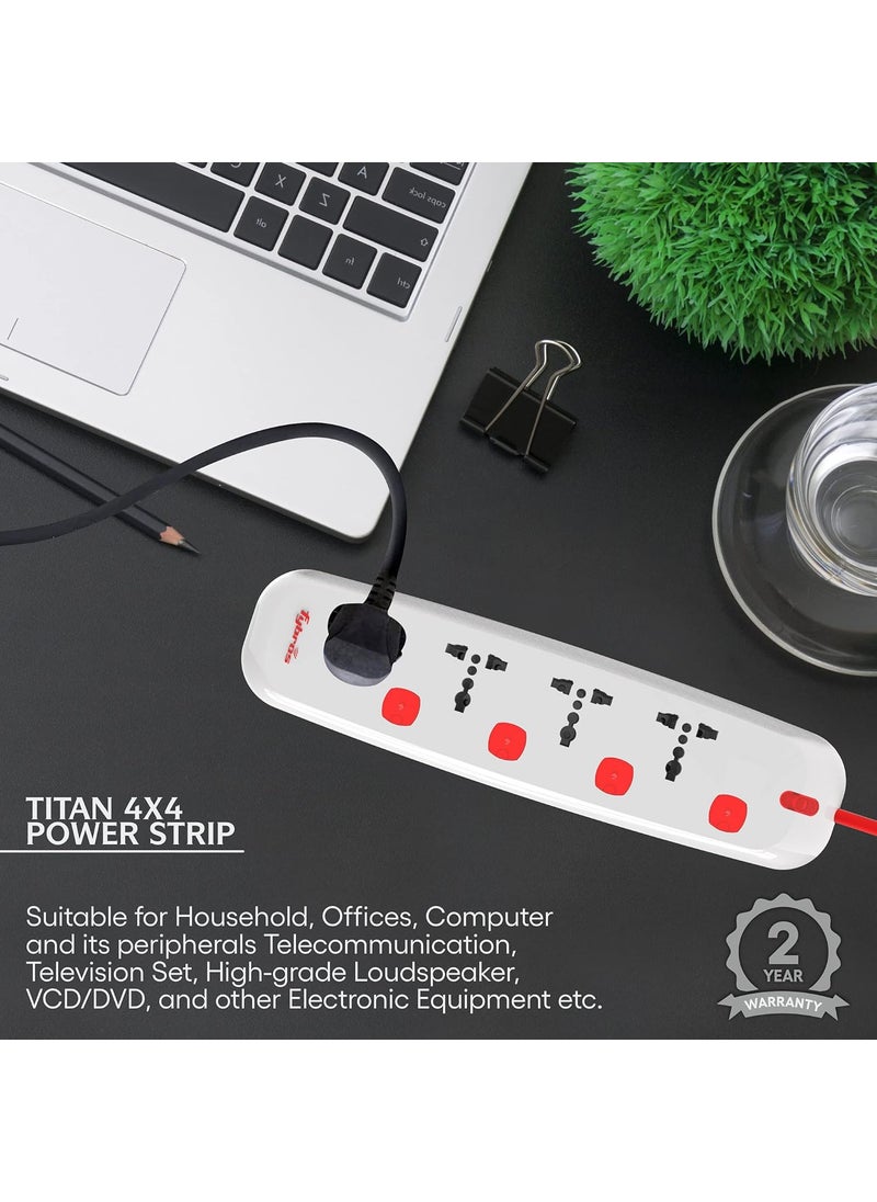 Fybros Titan 4X4 Extension CordPower Strip with International Sockets Extension BoardIndividual Switch10 AMP Output 2 Year Warranty 2 Meter Heavy Duty Cable Surge and Spike Guard Made In India