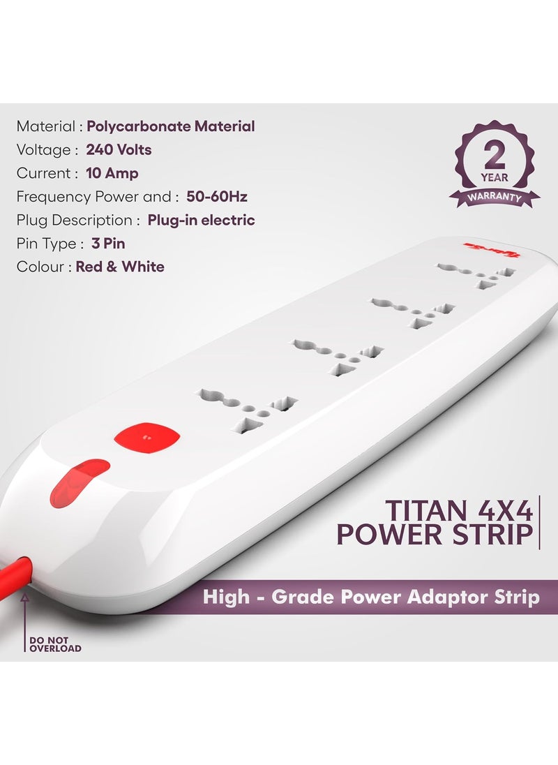 Fybros Titan 4X4 Extension CordPower Strip with International Sockets Extension BoardIndividual Switch10 AMP Output 2 Year Warranty 2 Meter Heavy Duty Cable Surge and Spike Guard Made In India