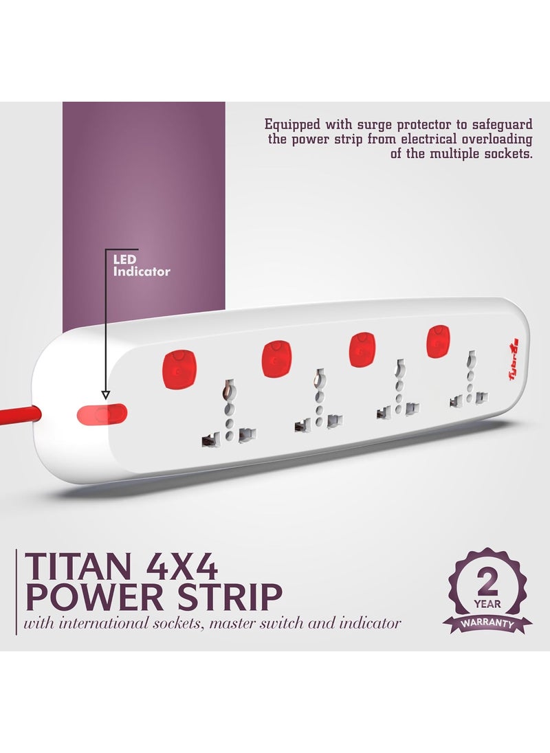 Fybros Titan 4X4 Extension CordPower Strip with International Sockets Extension BoardIndividual Switch10 AMP Output 2 Year Warranty 2 Meter Heavy Duty Cable Surge and Spike Guard Made In India