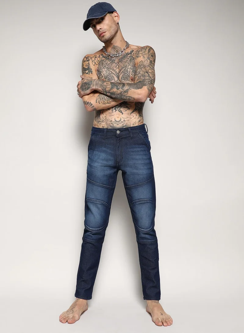 Campus Sutra Men's Navy Blue Self-Design Patched Denim Jeans