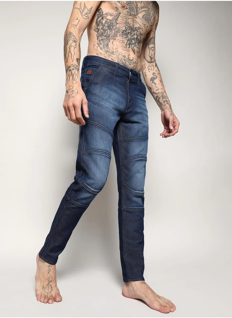 Campus Sutra Men's Navy Blue Self-Design Patched Denim Jeans