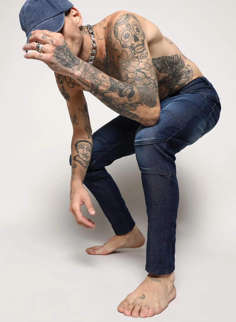 Campus Sutra Men's Navy Blue Self-Design Patched Denim Jeans