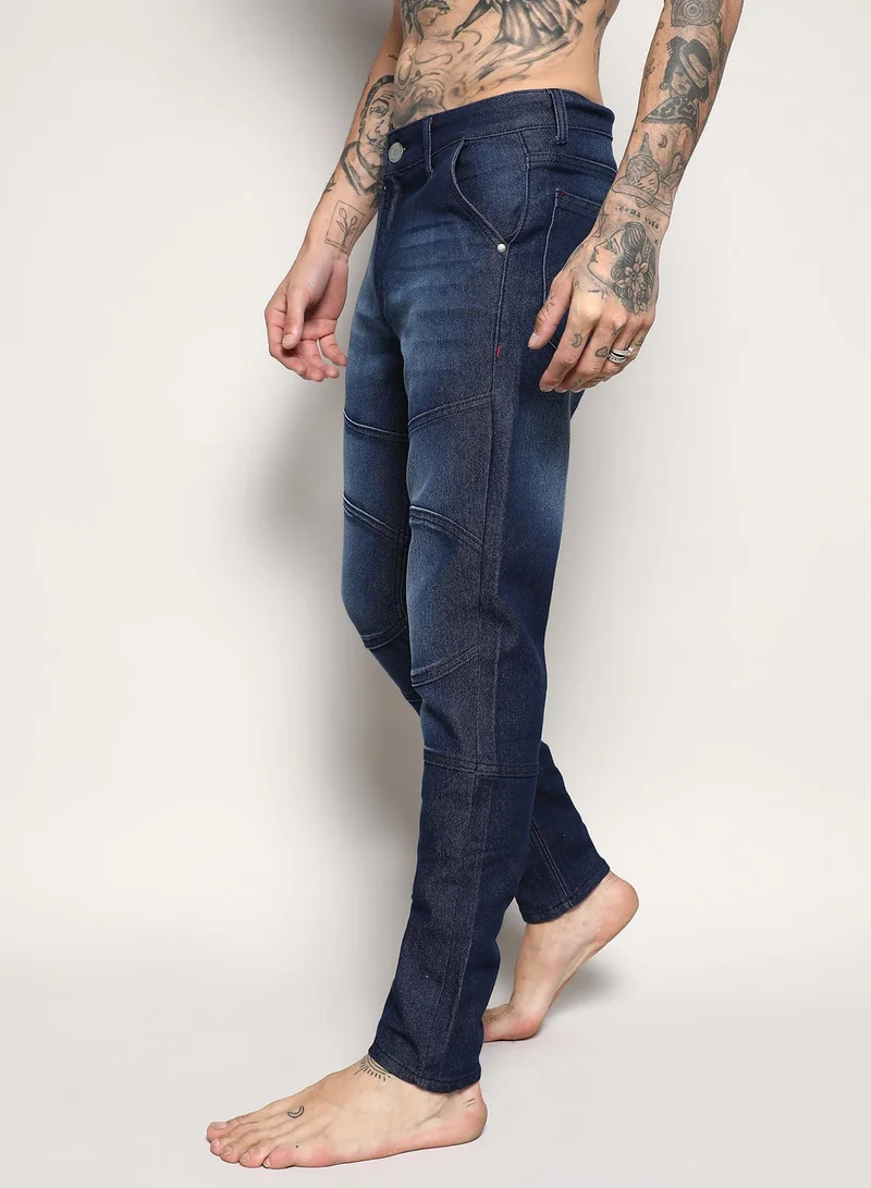 Campus Sutra Men's Navy Blue Self-Design Patched Denim Jeans