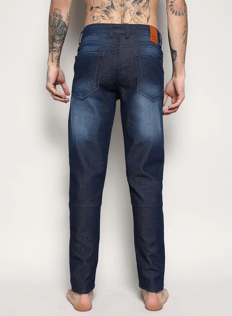Campus Sutra Men's Navy Blue Self-Design Patched Denim Jeans