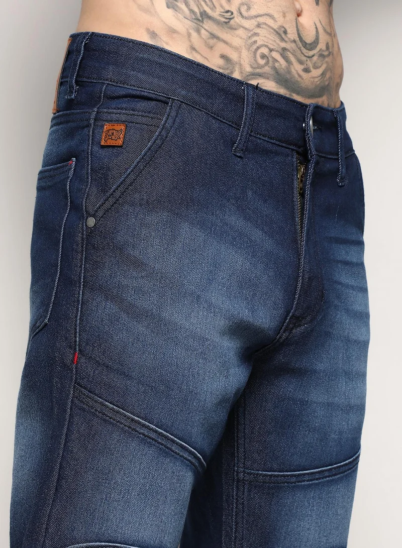 Campus Sutra Men's Navy Blue Self-Design Patched Denim Jeans
