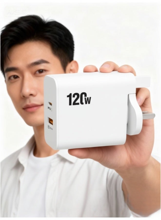 120W UK Super Fast Charging Adapter Mobile Phone Charger Travel Power Adapter White - Image 1