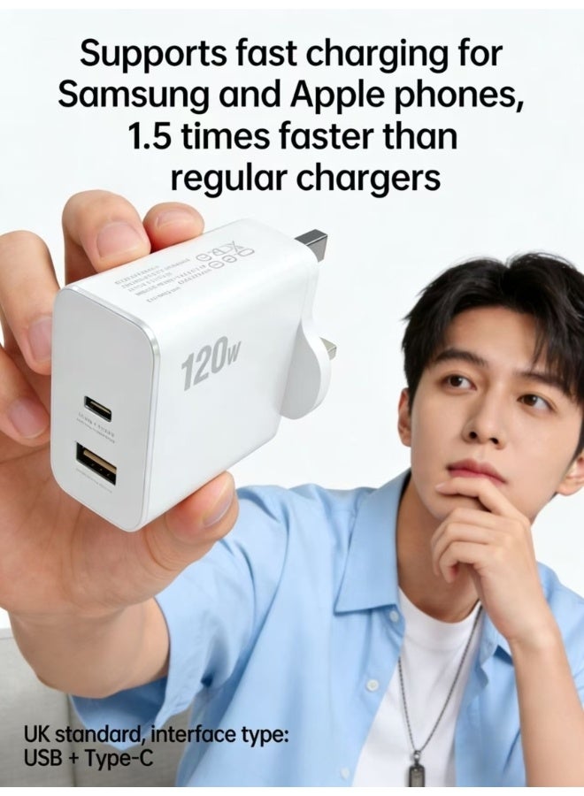 120W UK Super Fast Charging Adapter Mobile Phone Charger Travel Power Adapter White - Image 1