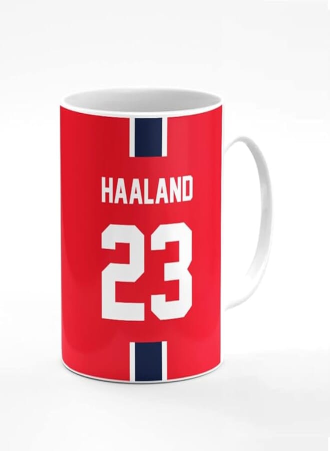 Stylizedd Designer Printed Coffee Mug with Heavy Duty Handle 11oz Ceramic Personalised Gift Mugs Cup [Microwave Safe & Dishwasher Proof ] -Football Team - Norway, Player Name - Haaland