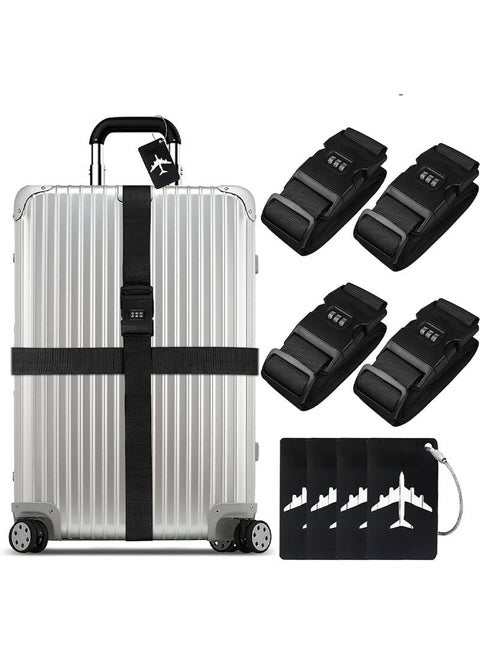 4 Pack Luggage Belt Straps and 4 Pack Luggage Tags - Secure and Stylish Luggage Suitcase Travel Accessories (Black)