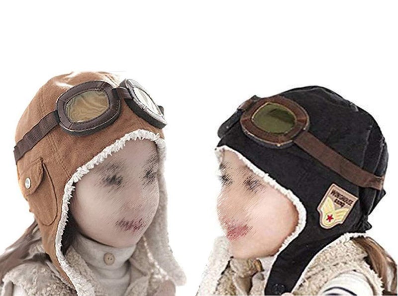 CTKcom 2-Pack Pilot Aviator Fleece Warm Hat Cap with Earmuffs for Kids，2 Pack (Coffee+Black) - Image 1