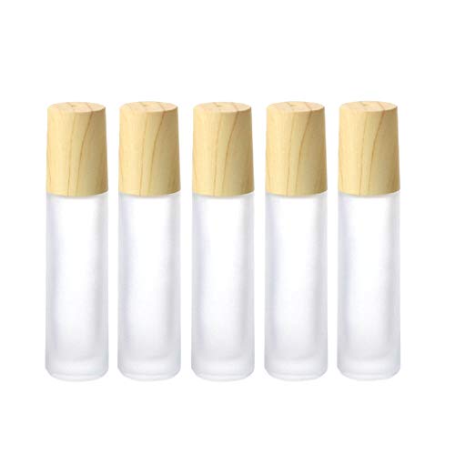 Furnido HelperFind 5 Pack 10ml Frosted Glass Roller Bottles with Stainless Steel Ball, Wood Grain Lid, White Frosted - Image 1