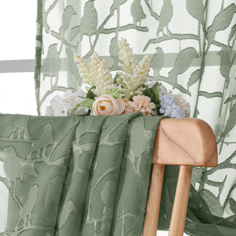OVZME Anji Bird 2 Panels Sheer Kitchen Valances for Windows 14 Inches Long  Classic Rod Pocket Light Filtering Semi Sage Green Sheer Curtains for Bedroom Basement Short Window  38Wx14L Inches - Image 2