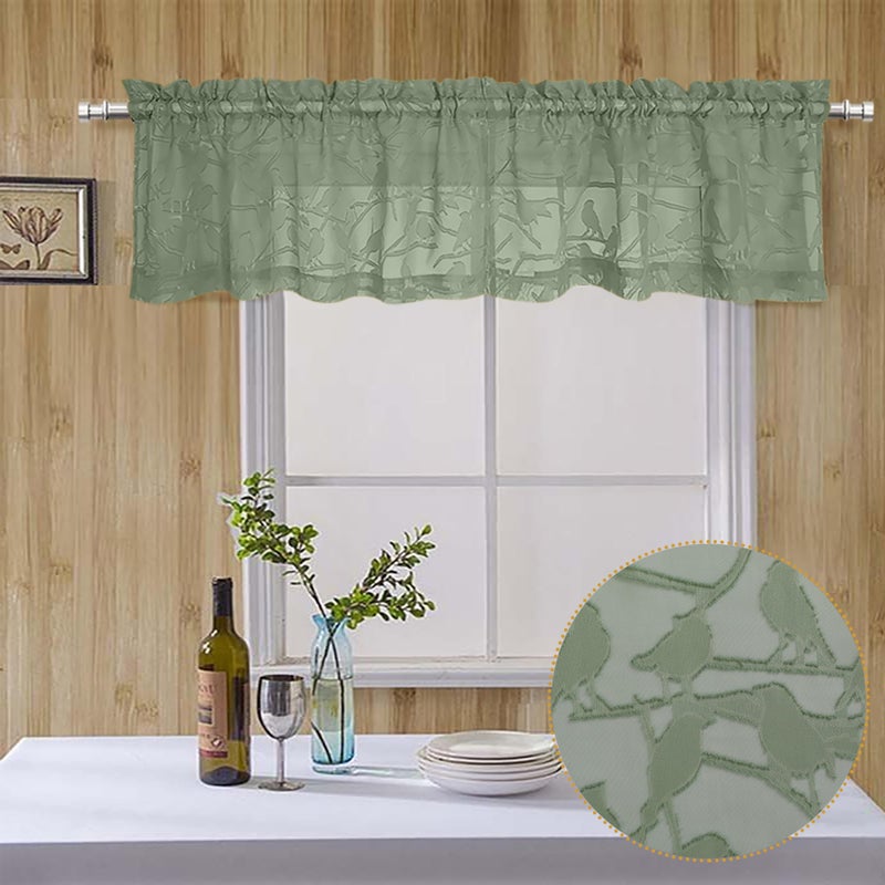 OVZME Anji Bird 2 Panels Sheer Kitchen Valances for Windows 14 Inches Long  Classic Rod Pocket Light Filtering Semi Sage Green Sheer Curtains for Bedroom Basement Short Window  38Wx14L Inches - Image 1