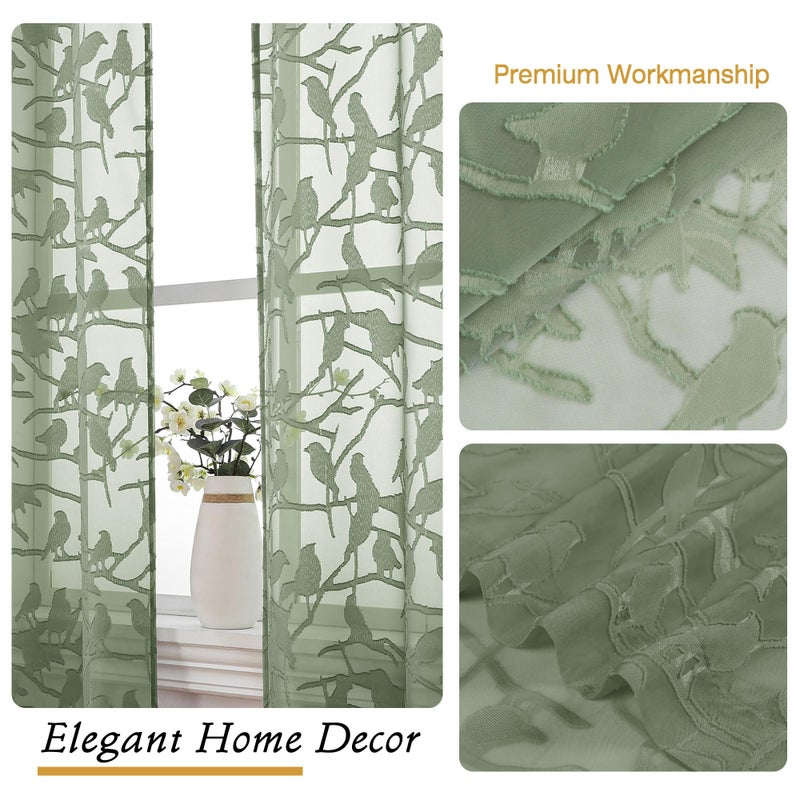 OVZME Anji Bird 2 Panels Sheer Kitchen Valances for Windows 14 Inches Long  Classic Rod Pocket Light Filtering Semi Sage Green Sheer Curtains for Bedroom Basement Short Window  38Wx14L Inches - Image 5