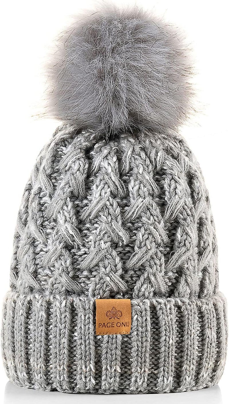 PAGE ONE Womens Winter Ribbed Beanie Crossed Cap Chunky Cable Knit Pompom Soft Warm Hat - Image 1