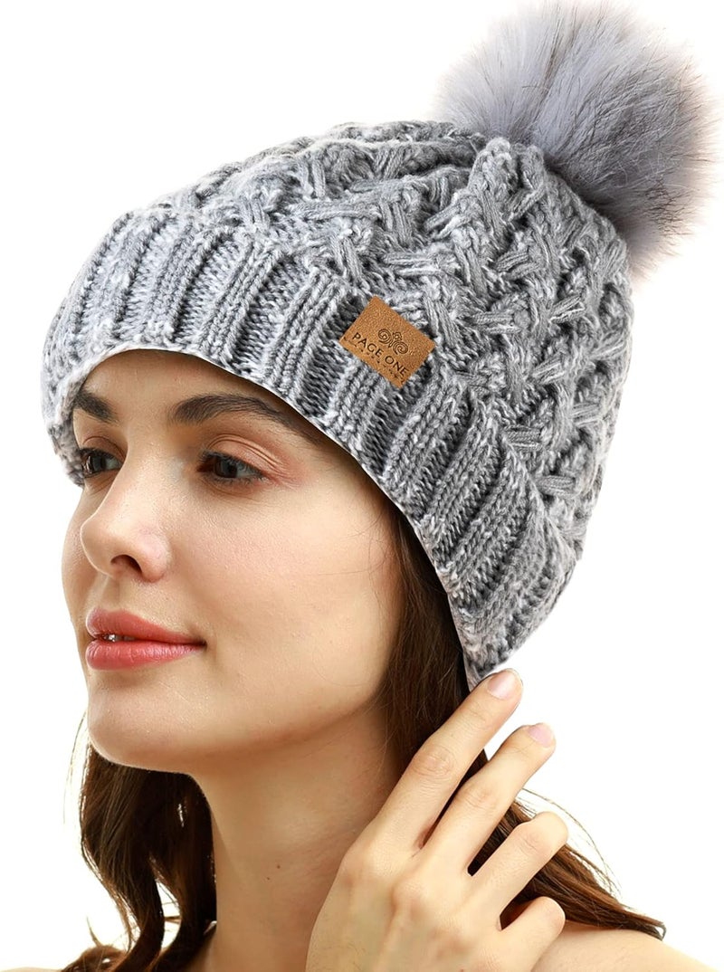 PAGE ONE Womens Winter Ribbed Beanie Crossed Cap Chunky Cable Knit Pompom Soft Warm Hat - Image 2