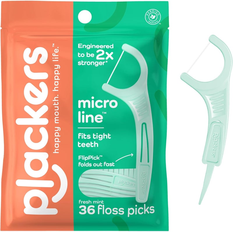Plackers Micro Line Dental Floss Picks with Fold-Out FlipPick, Fresh Mint Flavor, 36 Count - Image 1