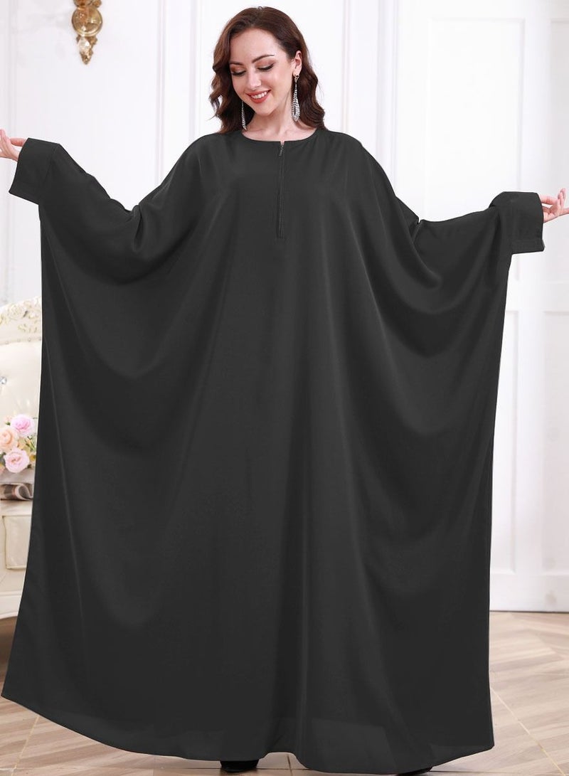 إسكدنيا Women's Casual Solid Color Long Sleeves Abaya Full Length Batwing Sleeves Dress Liturgical Clothes Muslim Black 